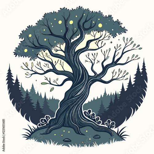 An enchanted tree with twisted branches, glowing fireflies surrounding it., illustration of a tree