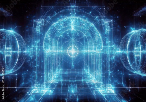 Futuristic Digital Gateway with Glowing Lines and Geometric Shapes in an Abstract Blue Environment