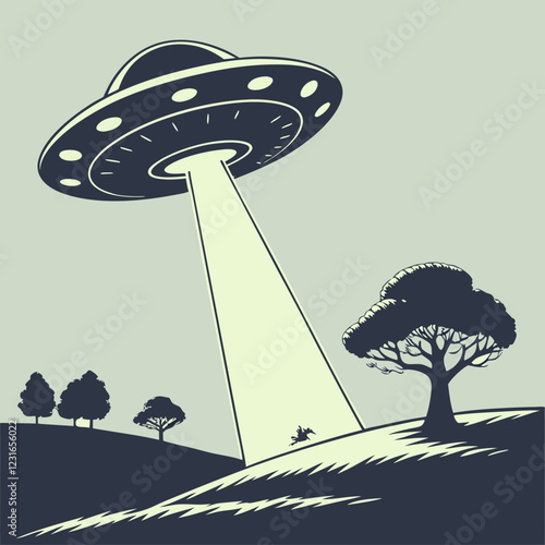 A silhouette of a UFO hovering above a field with eerie lights shining down.