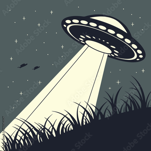 A silhouette of a UFO hovering above a field with eerie lights shining down.