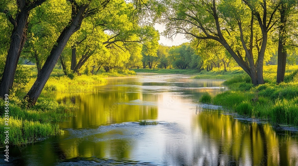 Obraz premium Serene River Green Trees Summer Sunlight Reflection