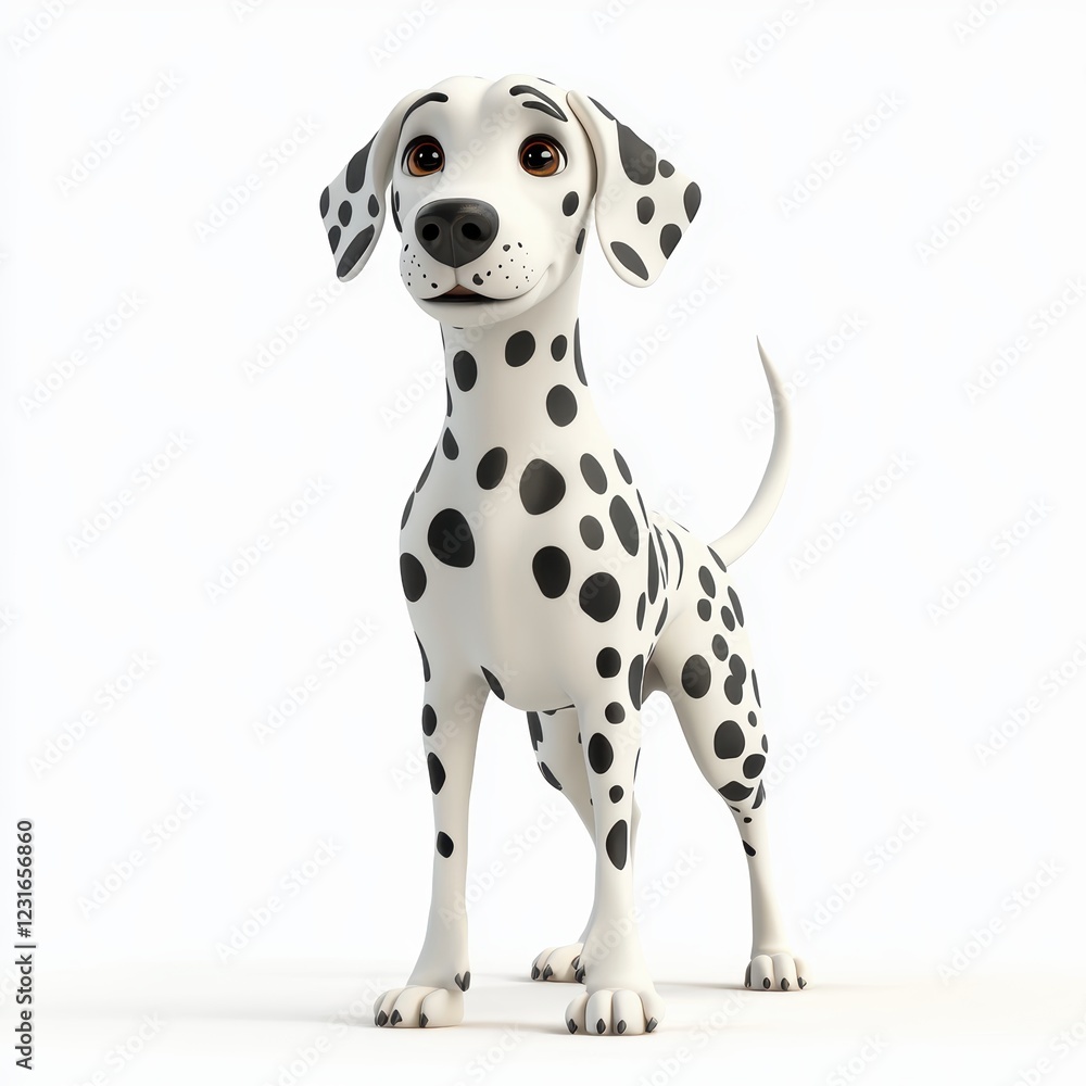 Dalmatian dog with black spots and an alert stance, placed on a bright white background Dalmatian dog with black spots and an alert stance, placed on a bright white background