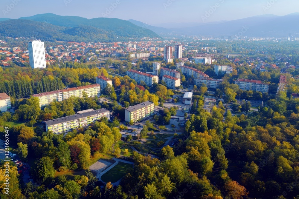 Aerial View of Urban Landscape Blending Nature and Architecture in Autumn with Vibrant Colors and Scenic Mountains in the Background Aerial View of Urban Landscape Blending Nature and Architecture in Autumn with Vibrant Colors and Scenic Mountains in the Background