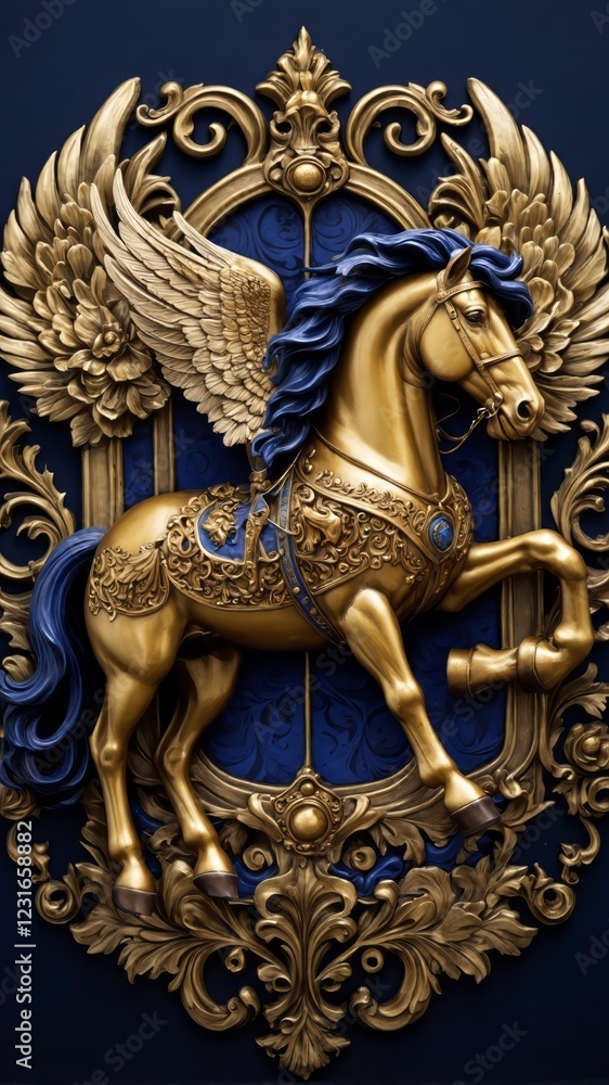 Fototapeta premium A royal vintage coat of arms featuring a majestic blue and golden horse with intricately detailed wings. This regal emblem symbolizes strength, nobility, and heritage, embodying timeless elegance .