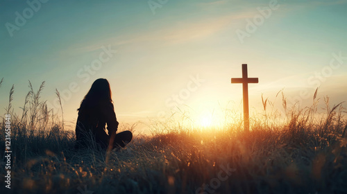 Silhouette of a woman kneeling in prayer by a wooden cross at sunset in a serene grassy field