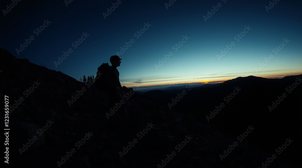 Solitary Reflection: Silhouette Against a Starry Twilight Mountain Landscape Solitary Reflection: Silhouette Against a Starry Twilight Mountain Landscape