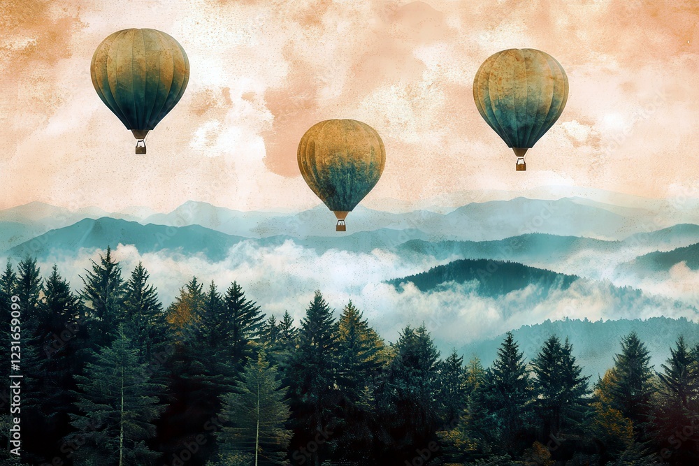 Fototapeta premium Hot air balloons floating over serene mountain landscape with misty valleys and lush evergreen forests under a dramatic pastel sky at sunrise