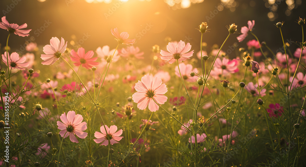 Fototapeta premium Sunrise Cosmos Flower Field A Breathtaking View of Pink Blossoms at Golden Hour