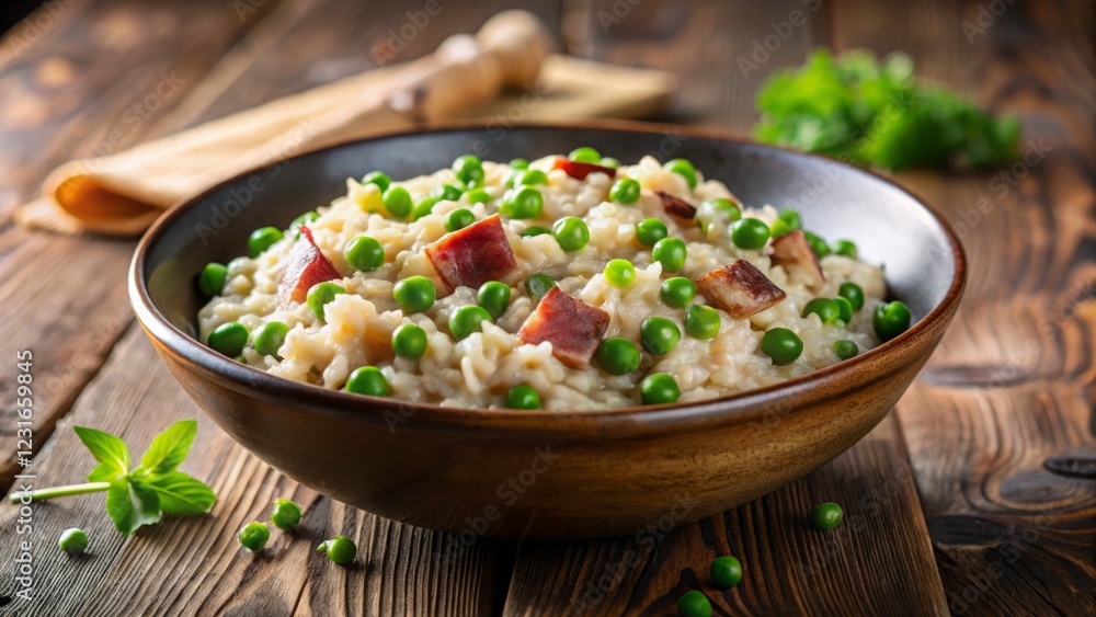 Creamy Risotto with Peas and Bacon on Wooden Table Background Creamy Risotto with Peas and Bacon on Wooden Table Background