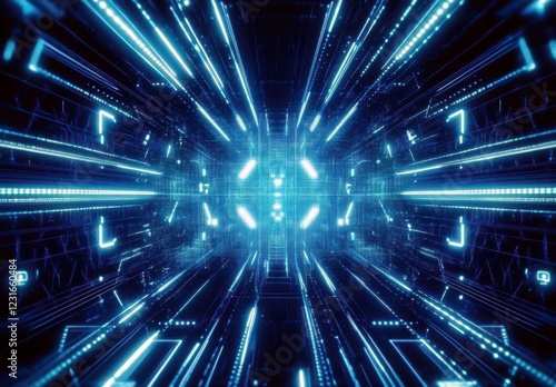 Abstract futuristic digital tunnel with glowing neon lights and data streams creating a sense of depth and motion in a cyber environment