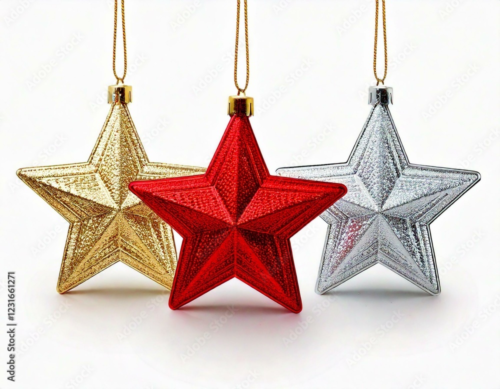 Set of three hanging star Christmas tree ornaments in white, gold and Set of three hanging star Christmas tree ornaments in white, gold and