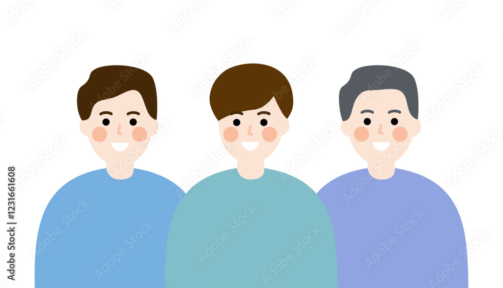 Happy family. Smiling young son and elder father. Group of men. Positive relationship, communication concepts. Flat vector people character design isolated illustration. Happy family. Smiling young son and elder father. Group of men. Positive relationship, communication concepts. Flat vector people character design isolated illustration.