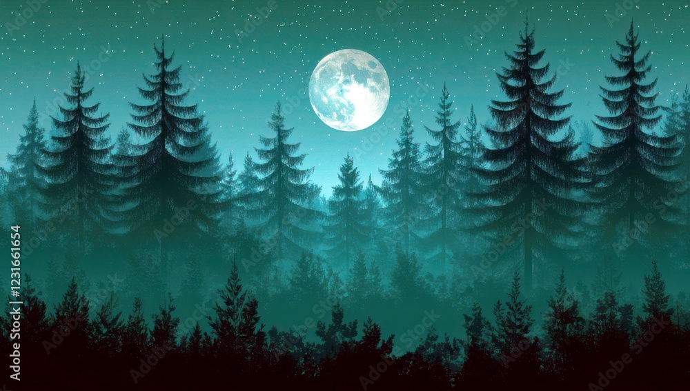 Fototapeta premium Serene Forest Landscape Under a Bright Full Moon with Starry Night Sky and Silhouetted Pine Trees in an Enchanting Blue Atmosphere