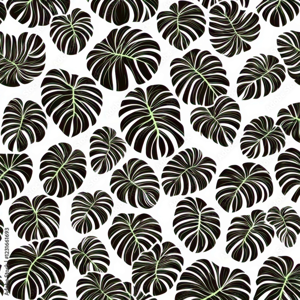 Exotic tropical leaf pattern on a white background featuring Monstera and palm leaves for seamless design and stylish decor applications Exotic tropical leaf pattern on a white background featuring Monstera and palm leaves for seamless design and stylish decor applications