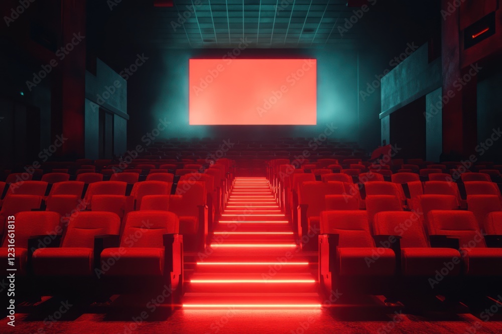 Fototapeta premium Empty cinema, red seats, neon lights, movie screen, night