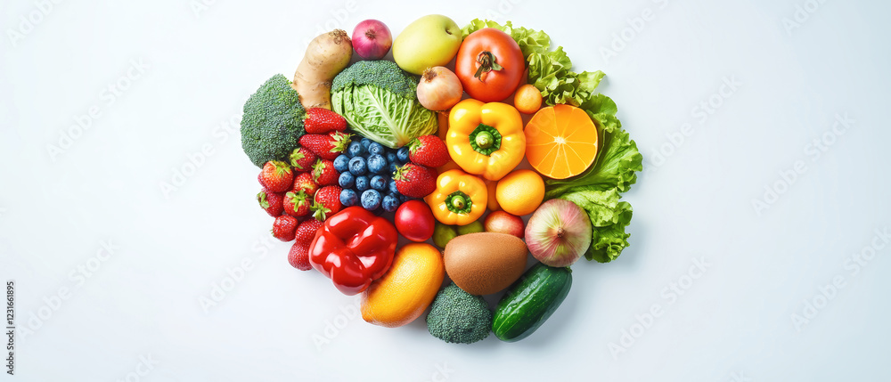Creative arrangement of vibrant fruits and vegetables shaped like a brain for promoting healthy eating Creative arrangement of vibrant fruits and vegetables shaped like a brain for promoting healthy eating