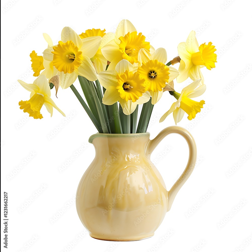 Fototapeta premium Daffodil flowers in jug on white background