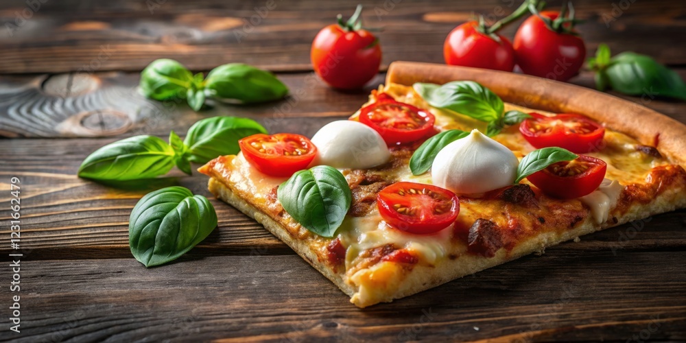 Freshly Baked Pizza with Cherry Tomatoes and Basil on Wooden Table Freshly Baked Pizza with Cherry Tomatoes and Basil on Wooden Table
