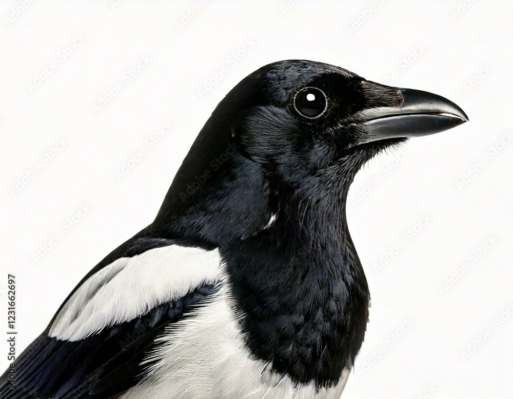 Fototapeta premium Side view of a Common Magpie, Pica pica, isolated on white 