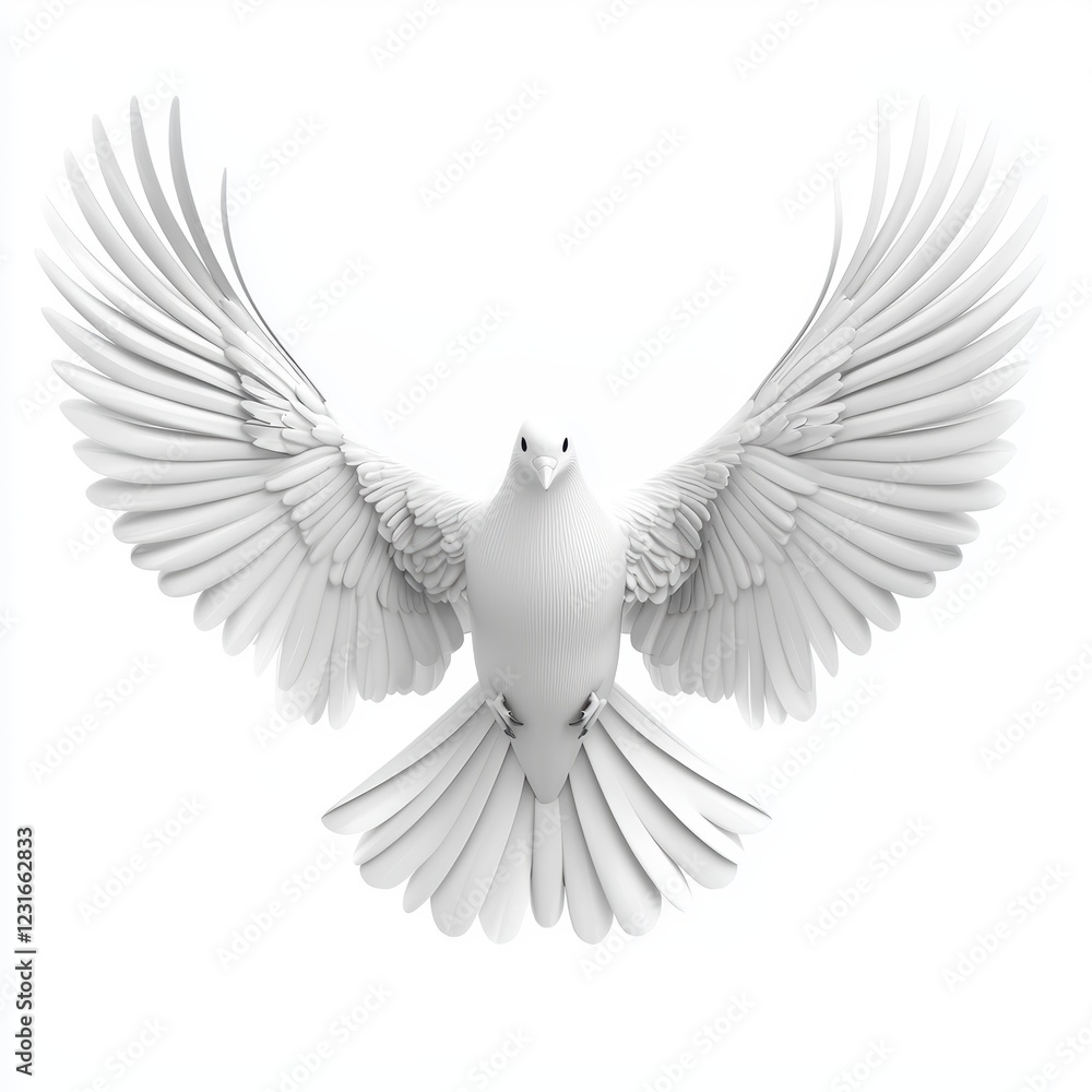 Obraz premium Fluffy white dove with outstretched wings in flight, isolated on a clean white background