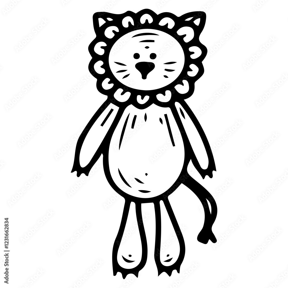 Fototapeta premium Plush lion. Hand drawn doodle. Comforter for newborn. Soft toy for baby. Textile cute item for children. Vector line art illustration.