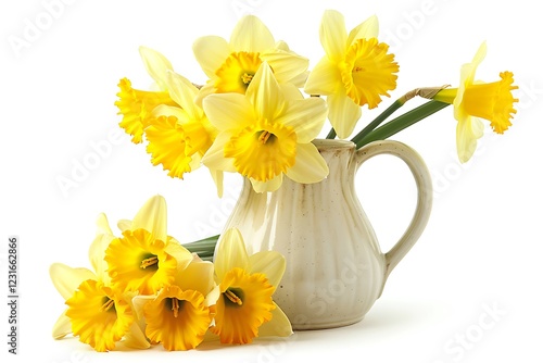 Daffodil flowers in jug on white background