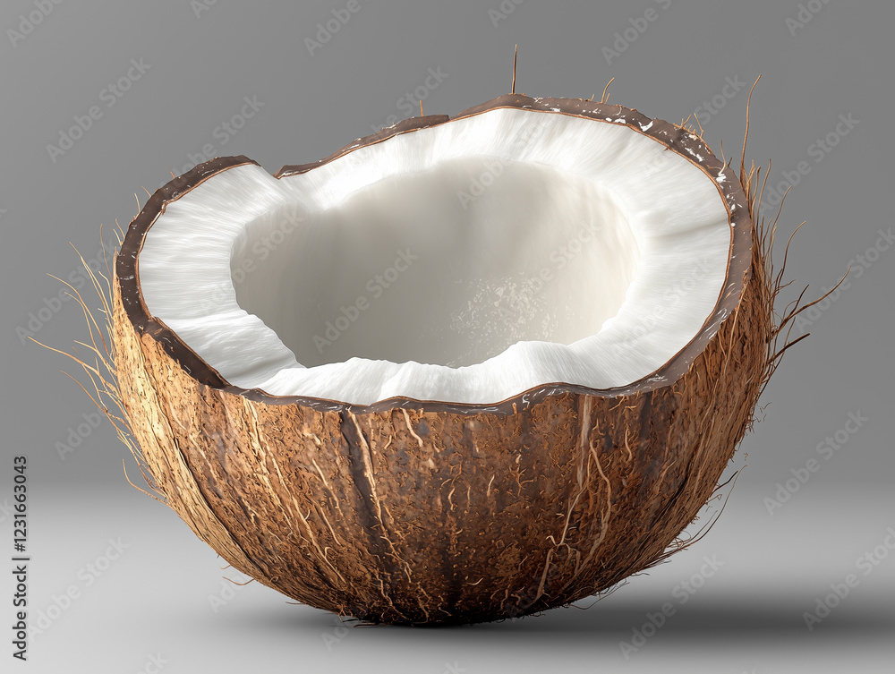 Detailed image of a coconut half on a clean transparent background, emphasizing natural textures. Detailed image of a coconut half on a clean transparent background, emphasizing natural textures.