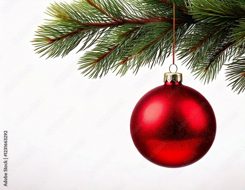 Fototapeta premium Single Red Christmas glass ball hanging from a pine branch, isolated on