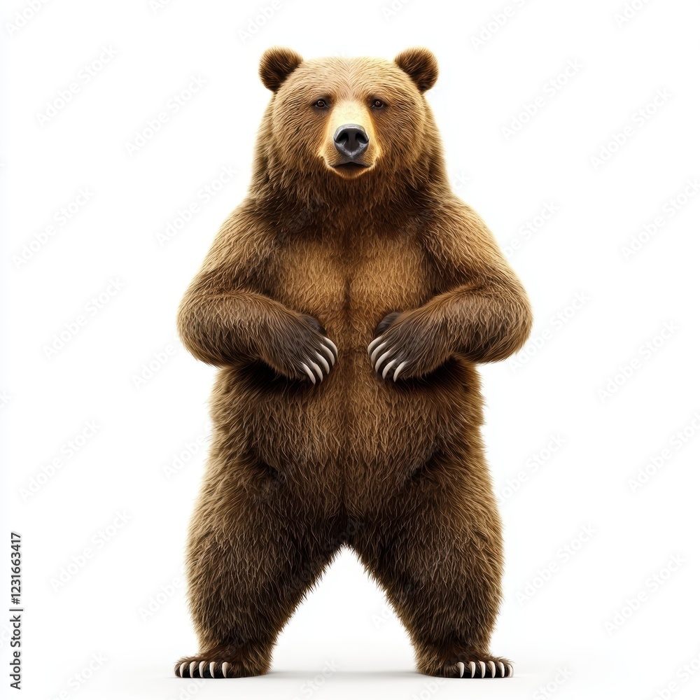 Fototapeta premium Brown grizzly bear standing on its hind legs, looking strong, centered on a clean white background