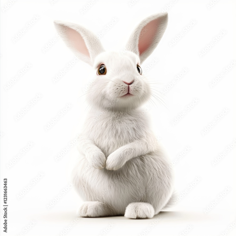 Obraz premium Fluffy white rabbit sitting on its hind legs with perked ears, isolated on a clean white background