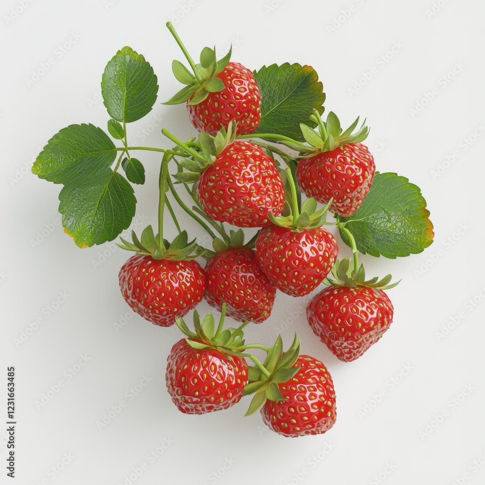 bunch of ripe strawberries with tiny seeds and green leaves, isolated on a clean white background bunch of ripe strawberries with tiny seeds and green leaves, isolated on a clean white background