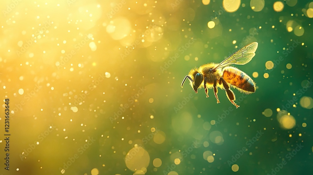 Naklejka premium Close up of a honey bee in flight with blurred golden bokeh background and beautiful lighting effect
