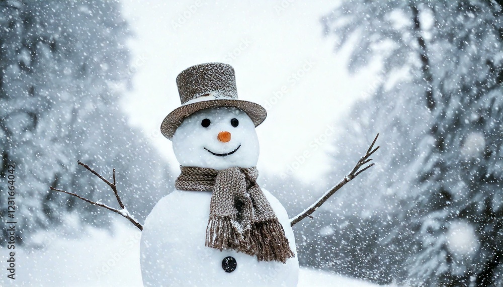 Fototapeta premium Snowman in winter setting,Christmas background.white background
