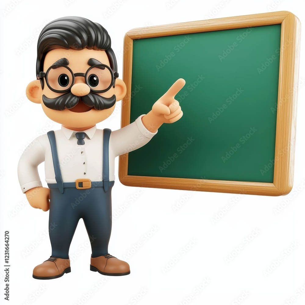 Friendly teacher pointing at a blank chalkboard, placed on a bright white background Friendly teacher pointing at a blank chalkboard, placed on a bright white background