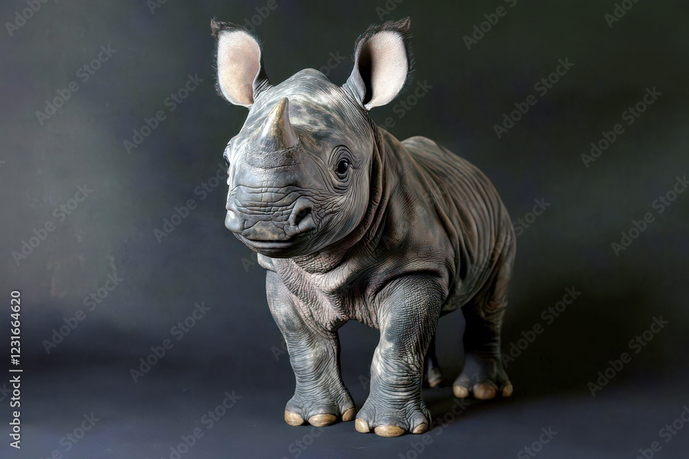 Fototapeta premium Adorable baby rhinoceros standing against a dark background showcasing its unique features, textures, and playful expression in a studio setting