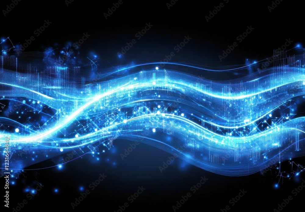 Abstract flowing lines with luminous particles and glowing waves on dark background representing digital technology energy and innovation in modern world Abstract flowing lines with luminous particles and glowing waves on dark background representing digital technology energy and innovation in modern world