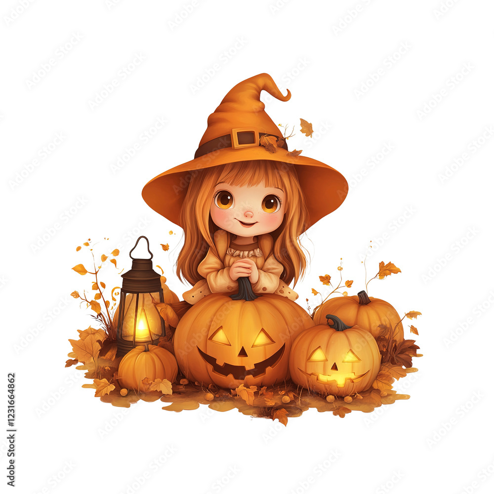 Fototapeta premium Adorable Witch Girl with Jack-o'-lanterns and Lantern for Halloween