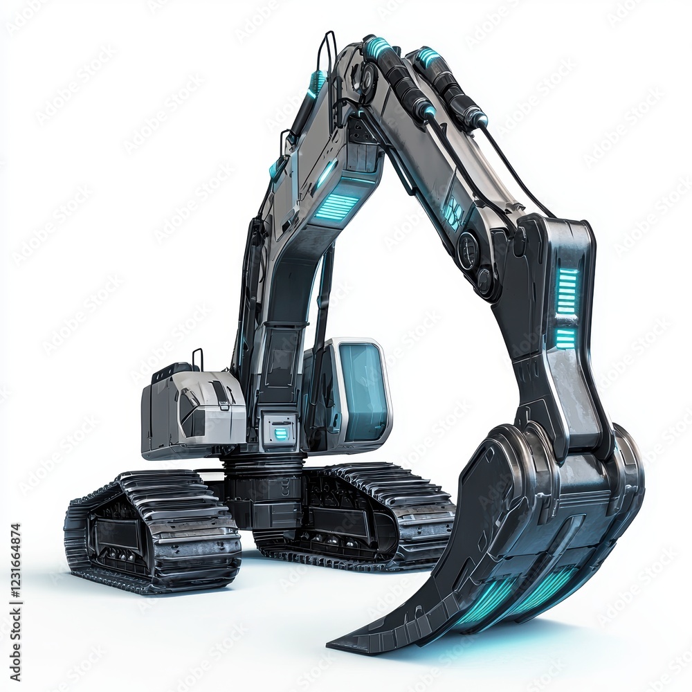 Futuristic electric-powered excavator with a sleek design, centered on a clean white background Futuristic electric-powered excavator with a sleek design, centered on a clean white background