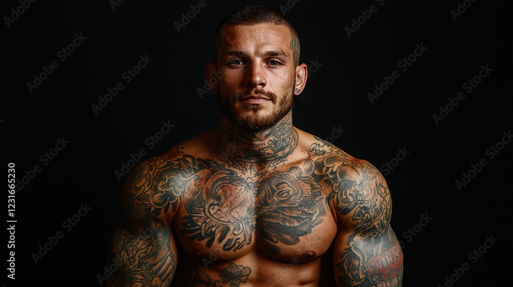 Fototapeta premium Muscular fitness model pose studio portrait photography dark background close-up strength and beauty