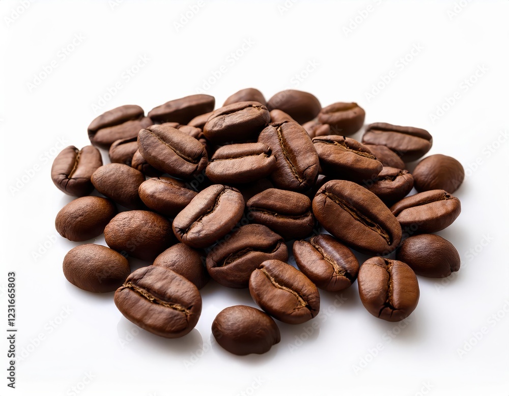 Freshly roasted coffee beans arranged on a clean, bright surface showcasing their rich color and texture Freshly roasted coffee beans arranged on a clean, bright surface showcasing their rich color and texture