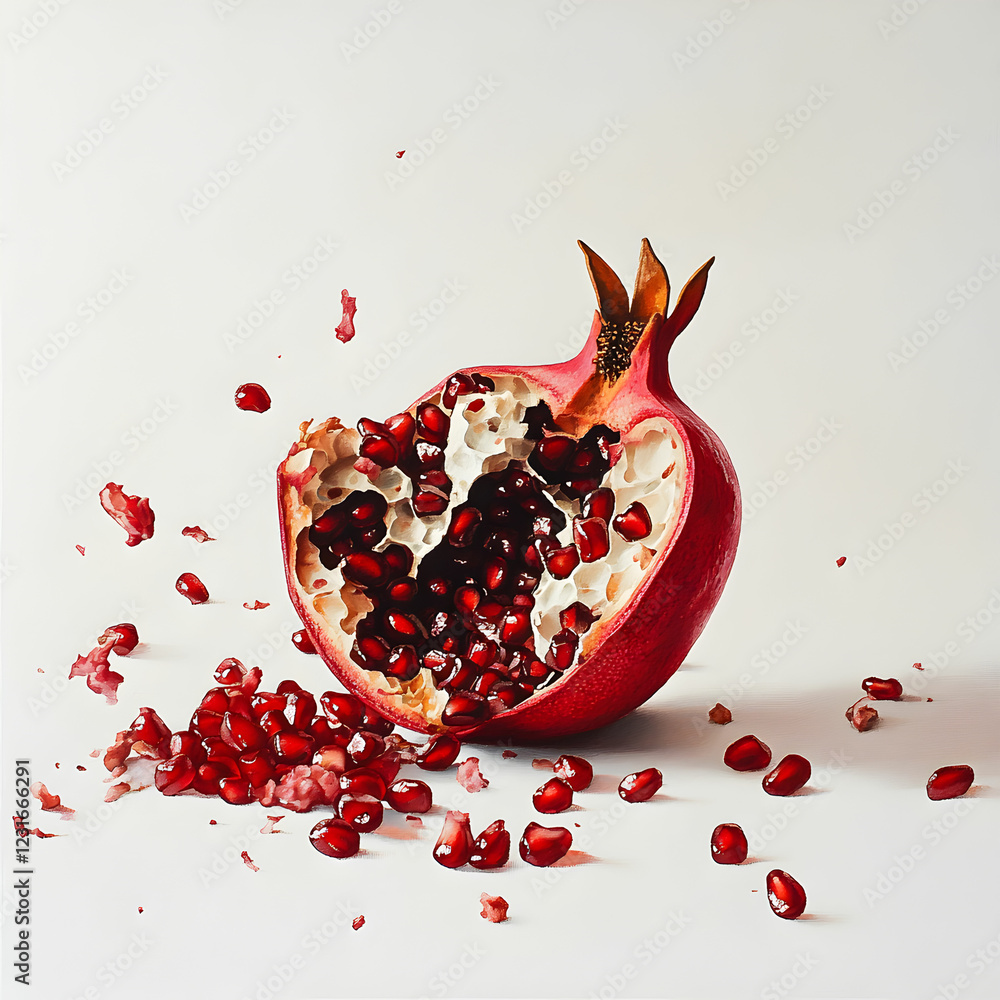 An open pomegranate with vibrant red seeds spilling out, placed on a clean white background An open pomegranate with vibrant red seeds spilling out, placed on a clean white background