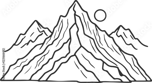 Line drawing of mountain range landscape. Top view of mounts in simple linear style. Adventure winter sports concept isolated on white background. Doodle vector illustration
