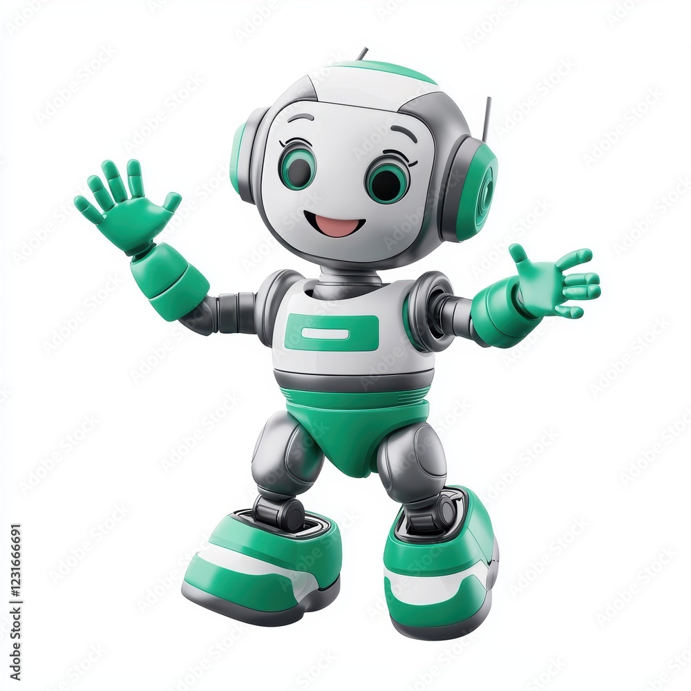 cheerful humanoid robot in silver and green, waving happily, centered on a clean white background cheerful humanoid robot in silver and green, waving happily, centered on a clean white background