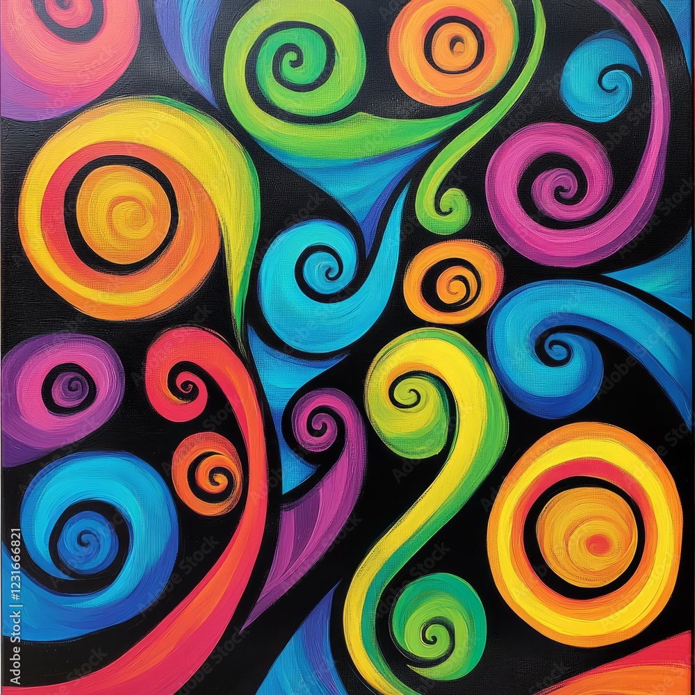 A colorful painting with many swirls and circles. The colors are bright and vibrant. The painting is on a black background A colorful painting with many swirls and circles. The colors are bright and vibrant. The painting is on a black background