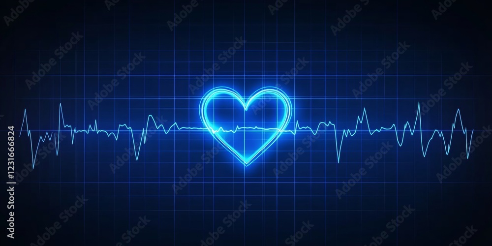 Blue Heartbeat Line with Glowing Heart Shape on Dark Grid, Medical and Healthcare Concept Blue Heartbeat Line with Glowing Heart Shape on Dark Grid, Medical and Healthcare Concept