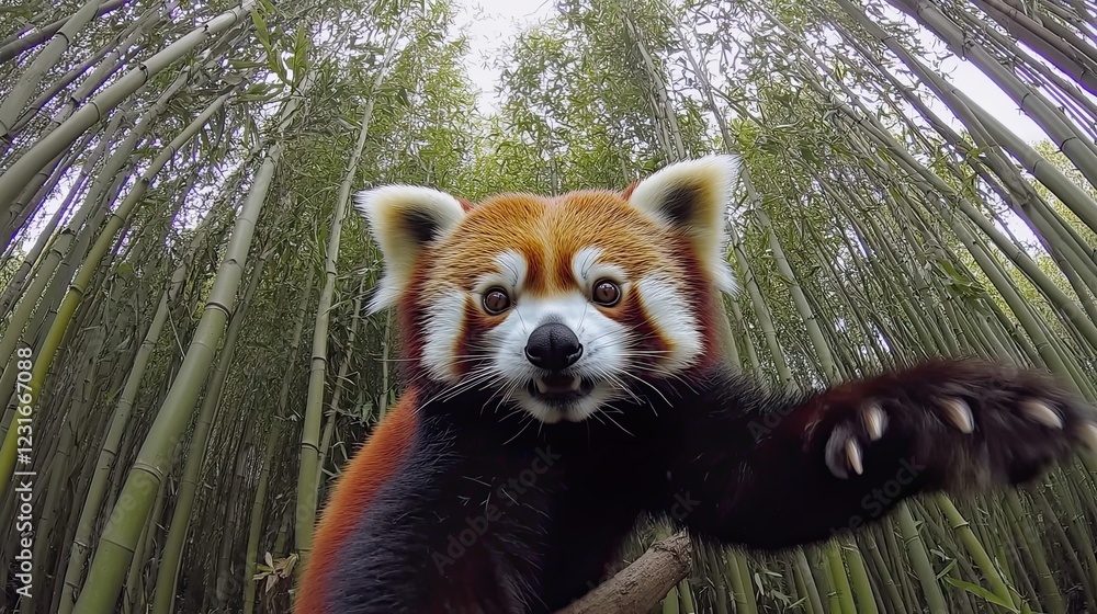 Fototapeta premium Red Panda Among Tall Bamboo Stalks