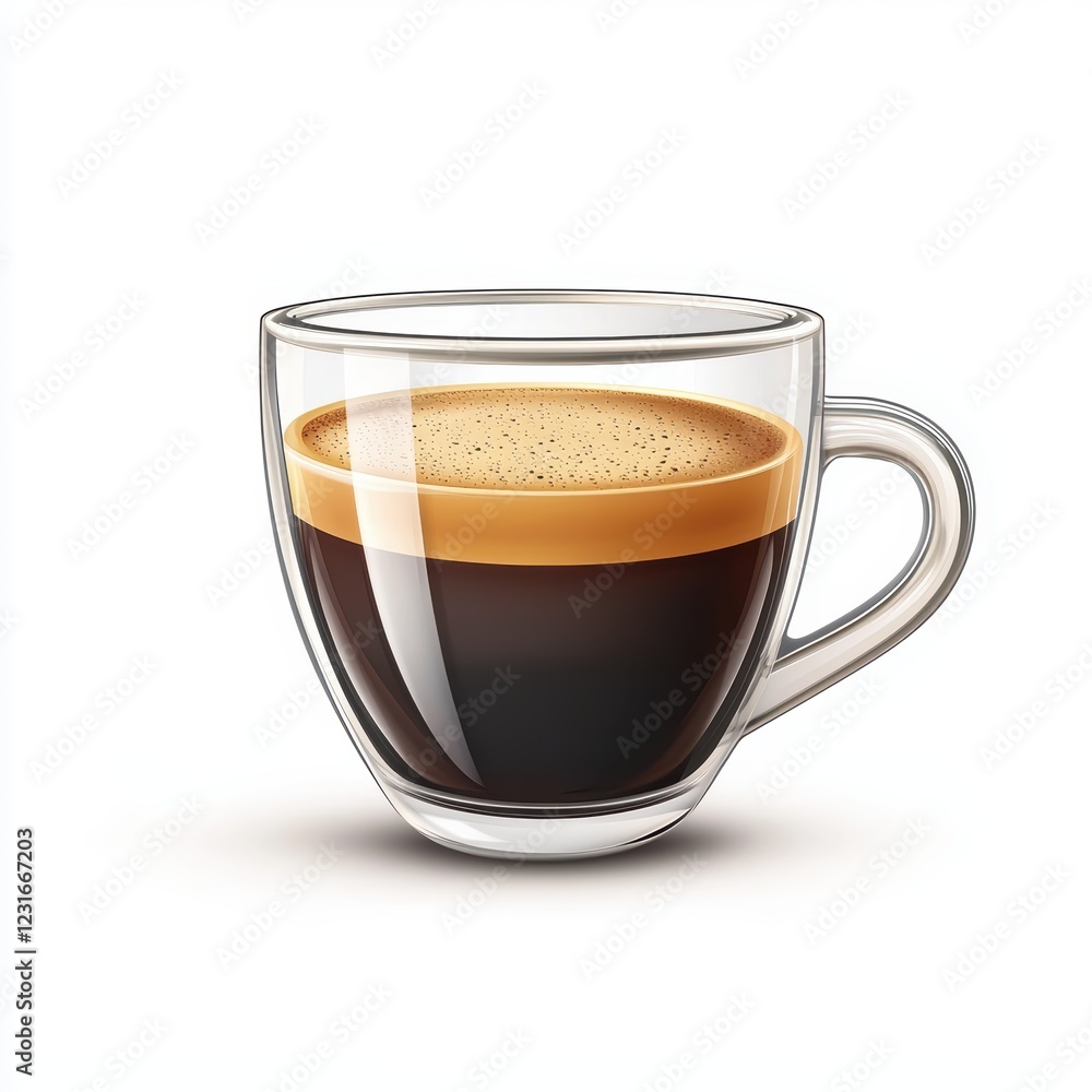 Glass cup of freshly brewed espresso with a rich crema on top, placed on a bright white background Glass cup of freshly brewed espresso with a rich crema on top, placed on a bright white background