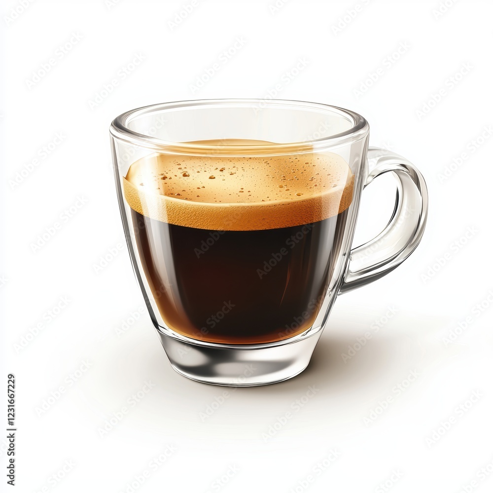 Glass cup of freshly brewed espresso with a rich crema on top, placed on a bright white background Glass cup of freshly brewed espresso with a rich crema on top, placed on a bright white background