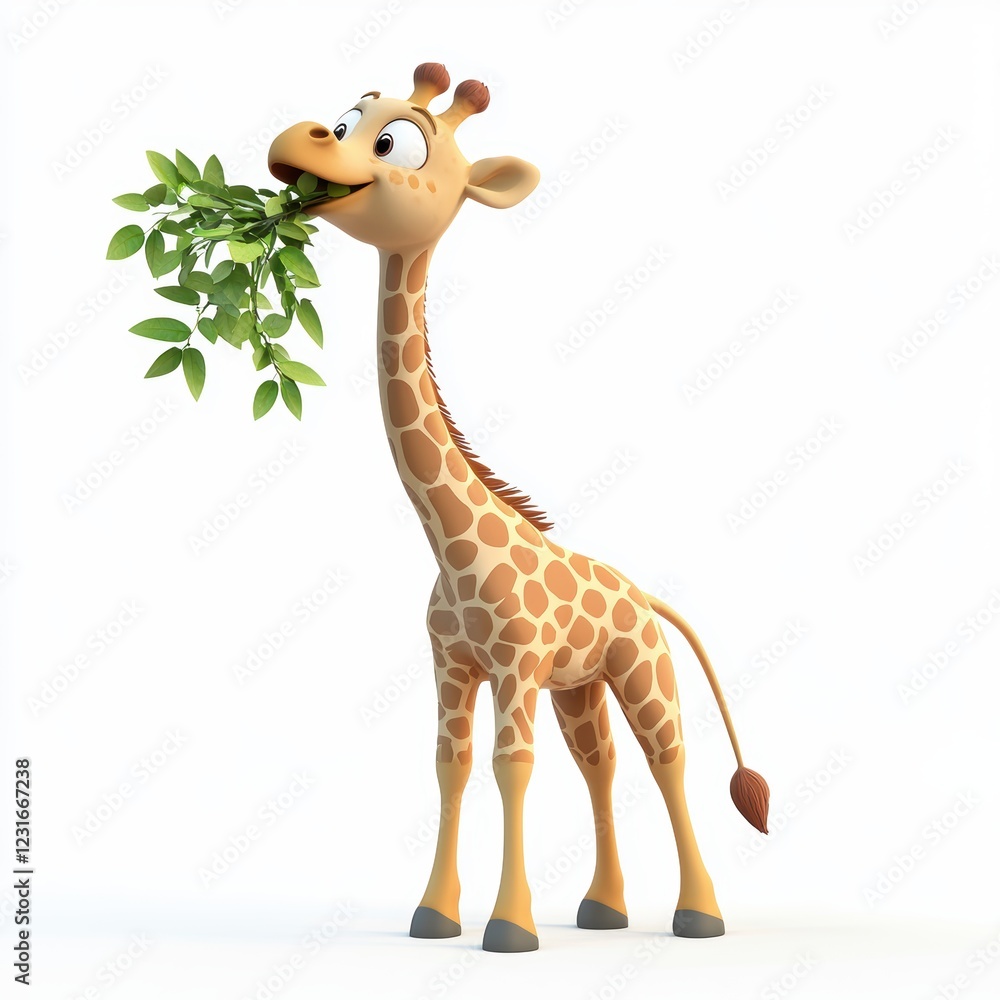 Obraz premium Giraffe with a long neck reaching for leaves, isolated on a clean white background
