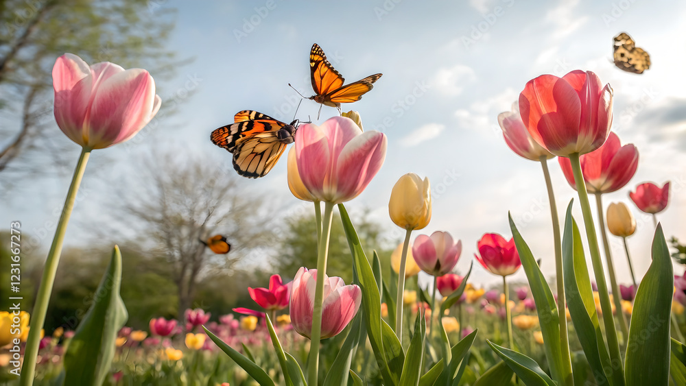 Fototapeta premium Butterflies Dancing Among Tulips: A captivating springtime scene unfolds as vibrant orange butterflies flutter gracefully among a sea of colorful tulips, bathed in the warm glow of the afternoon sun.